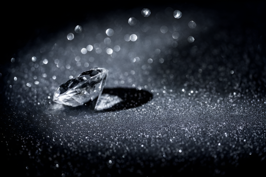 Loose diamond resting on a dark sparkling surface