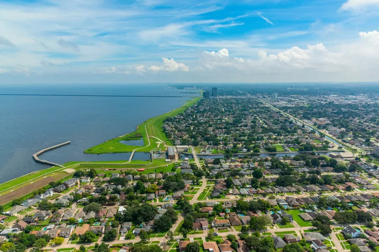 Aerial view of Metairie, Louisiana along the Lake Pontchartrain shoreline